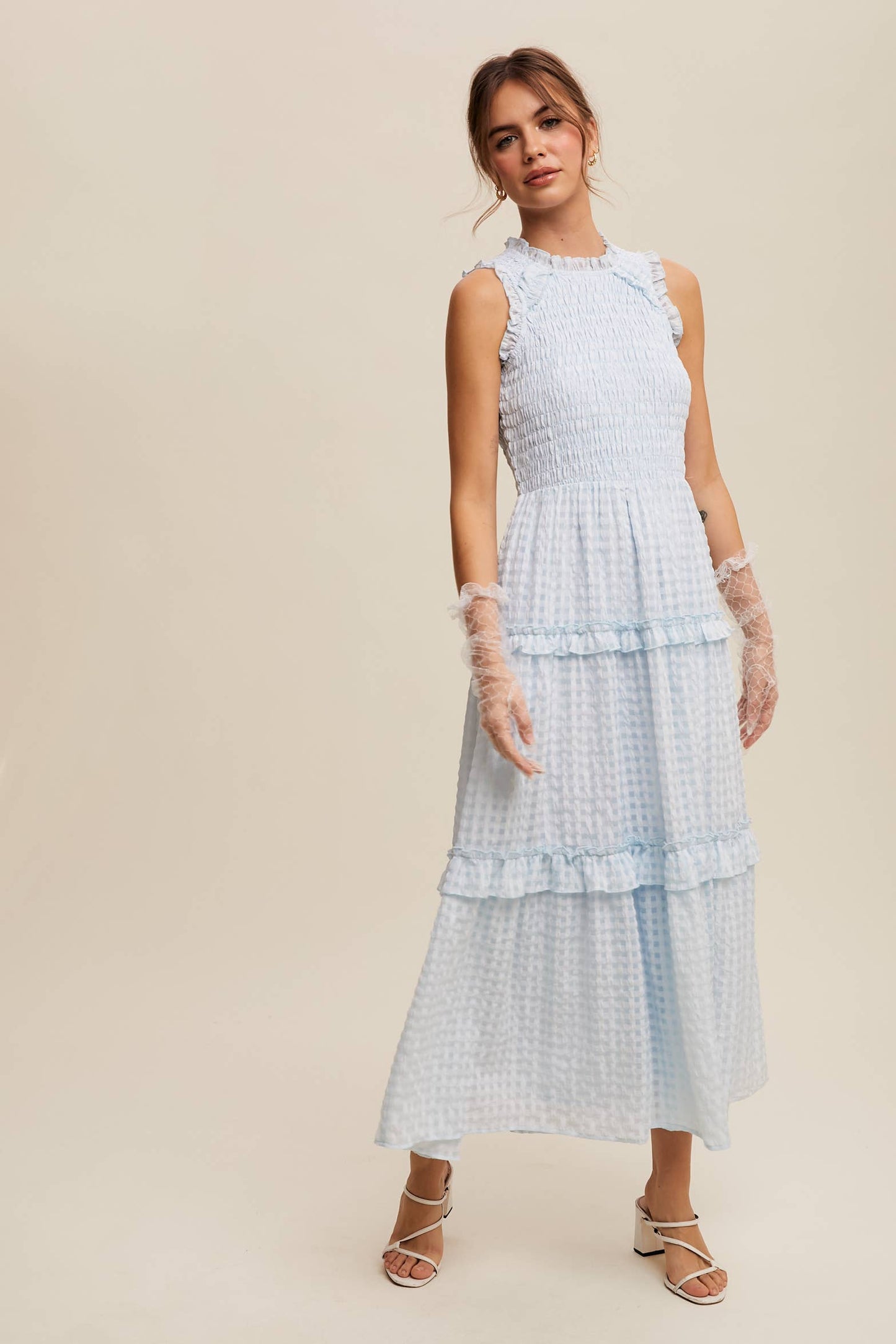 Sleeveless Gingham Maxi Dress with Ruffle Details