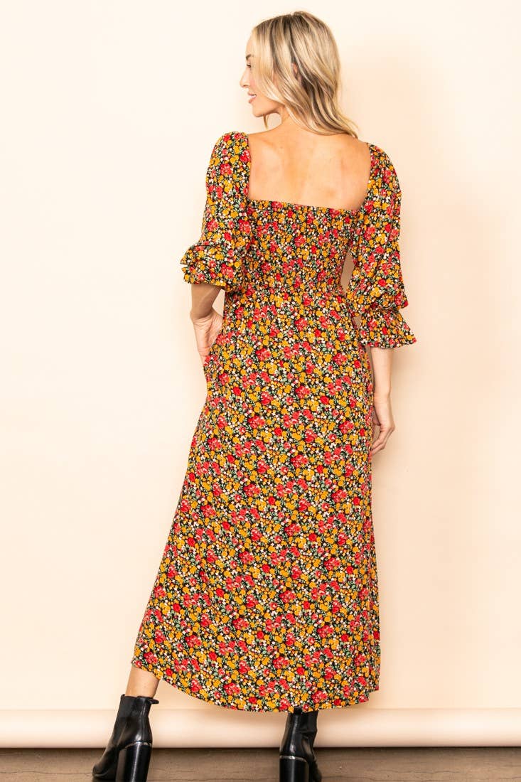 On Off Shoulder Smocked Chest Floral Long Sleeve Maxi Dress