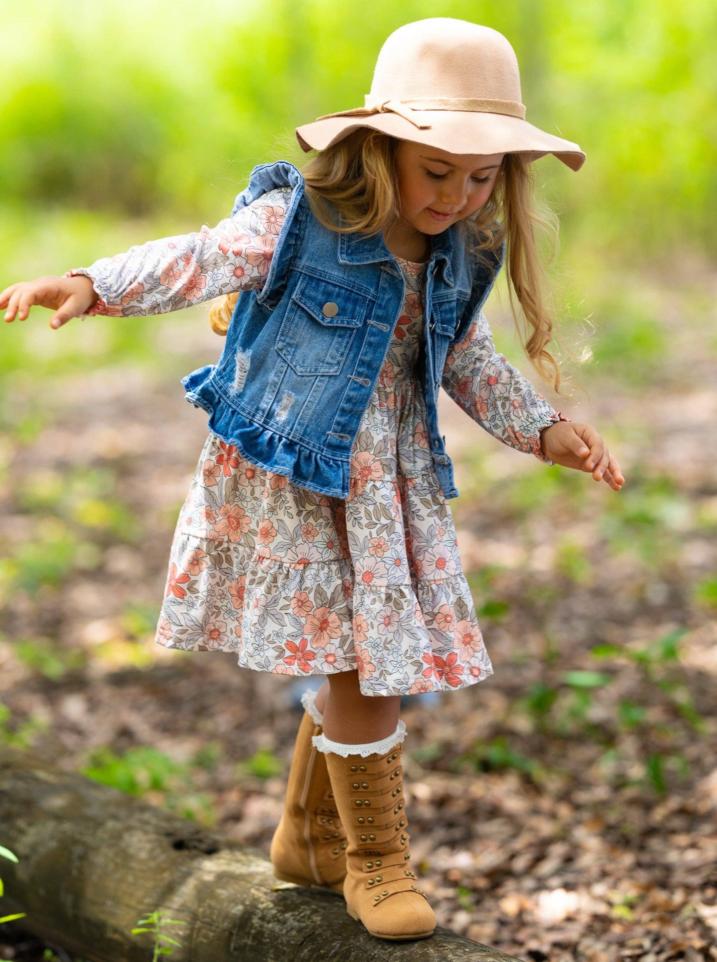 Long Sleeve Floral Dress w/ Ruffle Denim Vest & Set