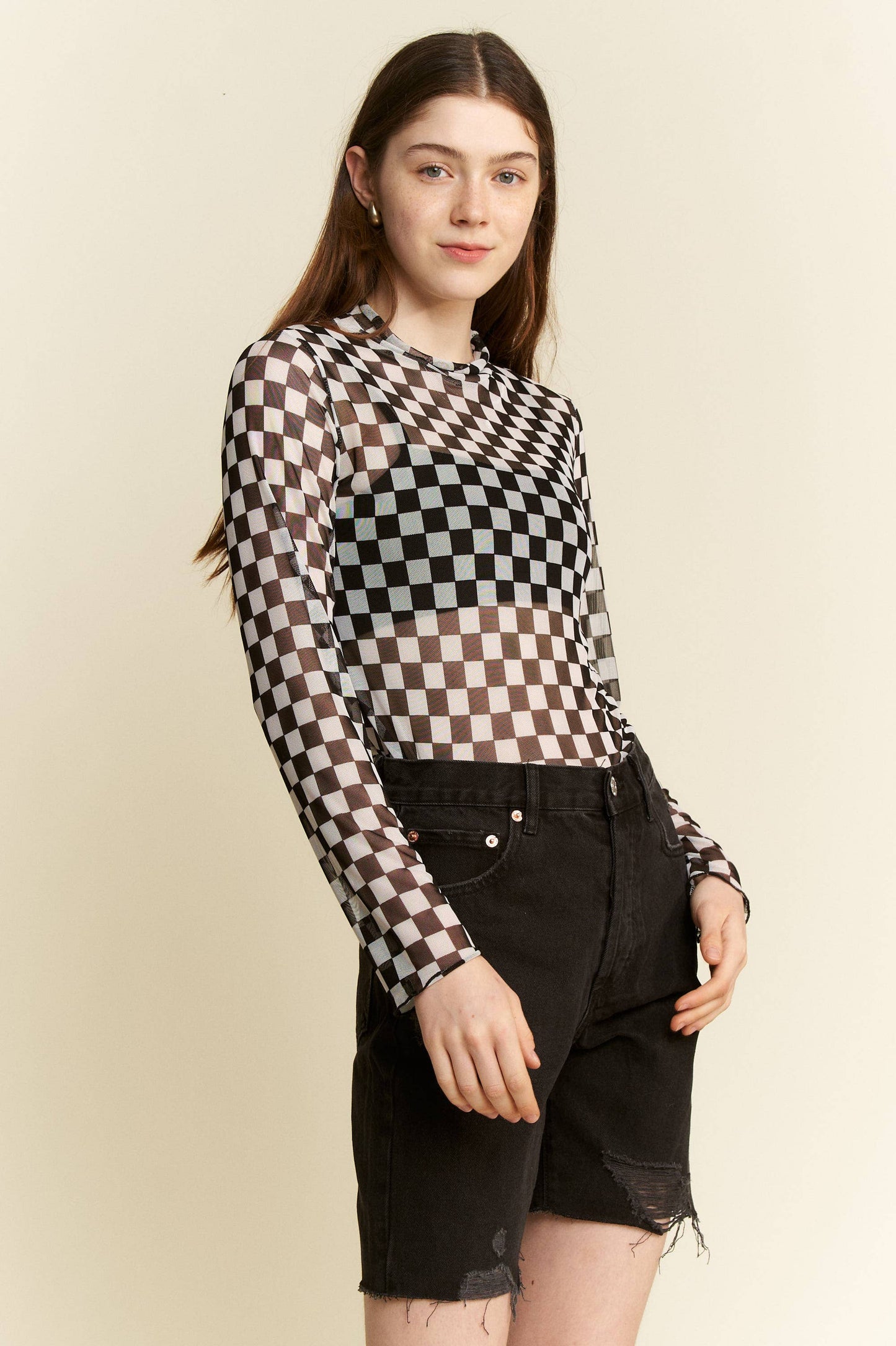 CHECKERED MESH MOCK NECK TOP