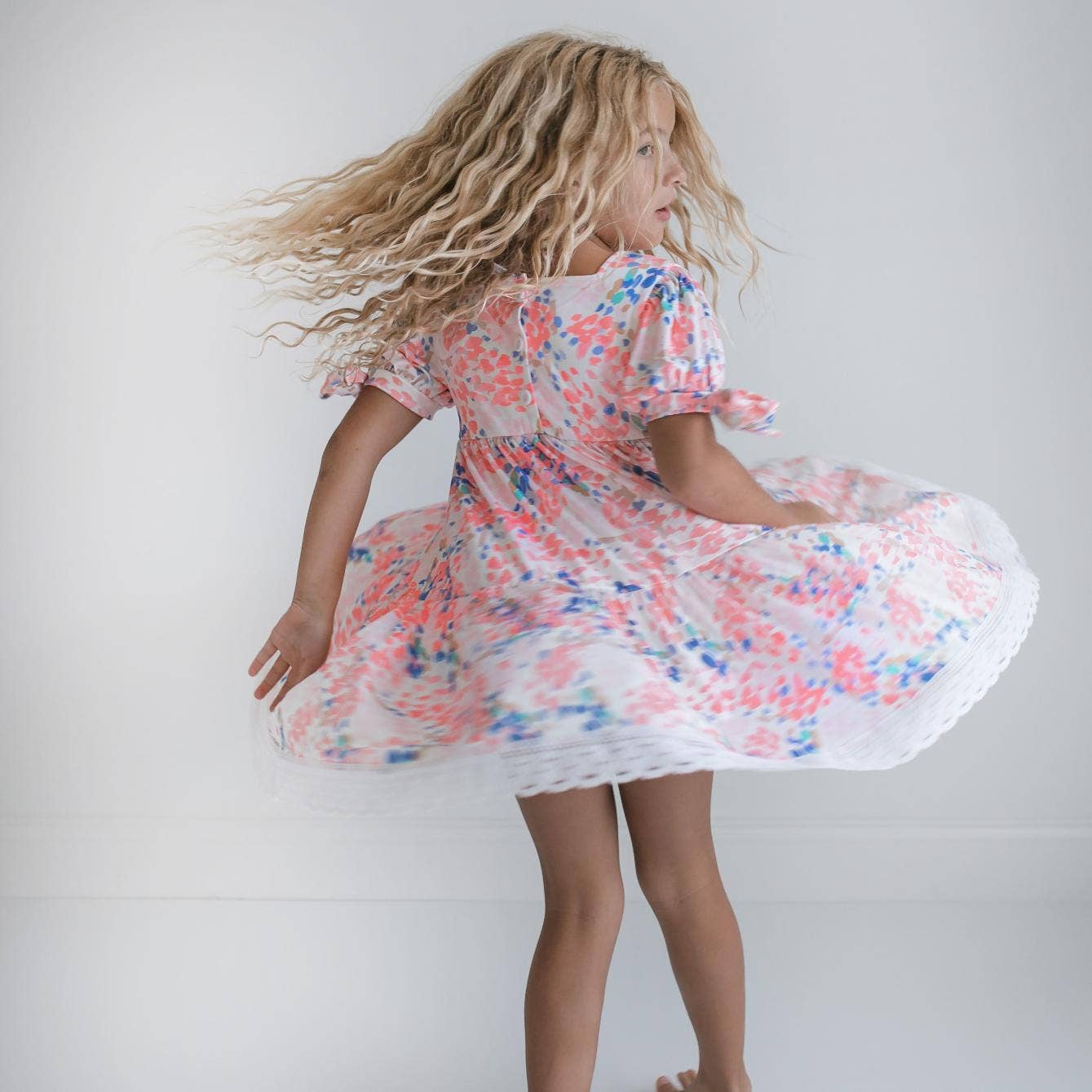 Kids Pink & Blue Lace Tiered Square Neck Spring Summer Dress: 3/4