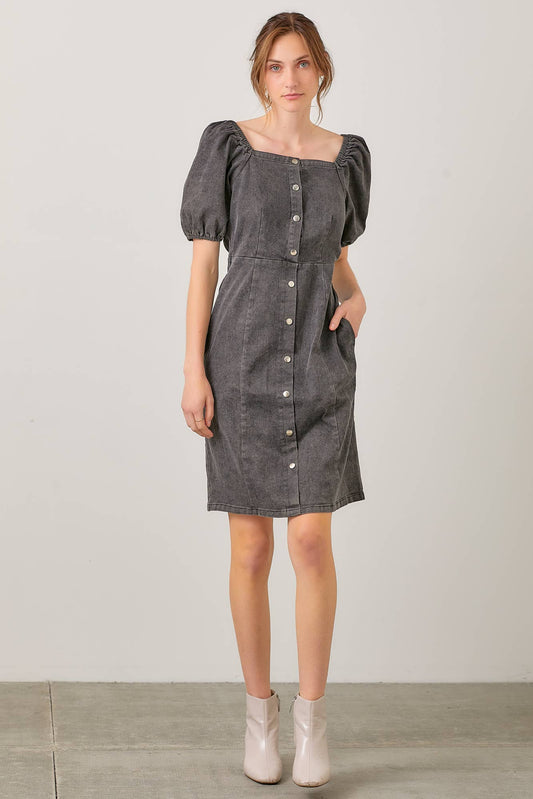 BUTTON FRONT PUFF SLEEVE DRESS