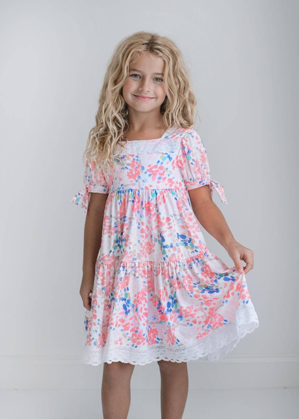 Kids Pink & Blue Lace Tiered Square Neck Spring Summer Dress: 3/4