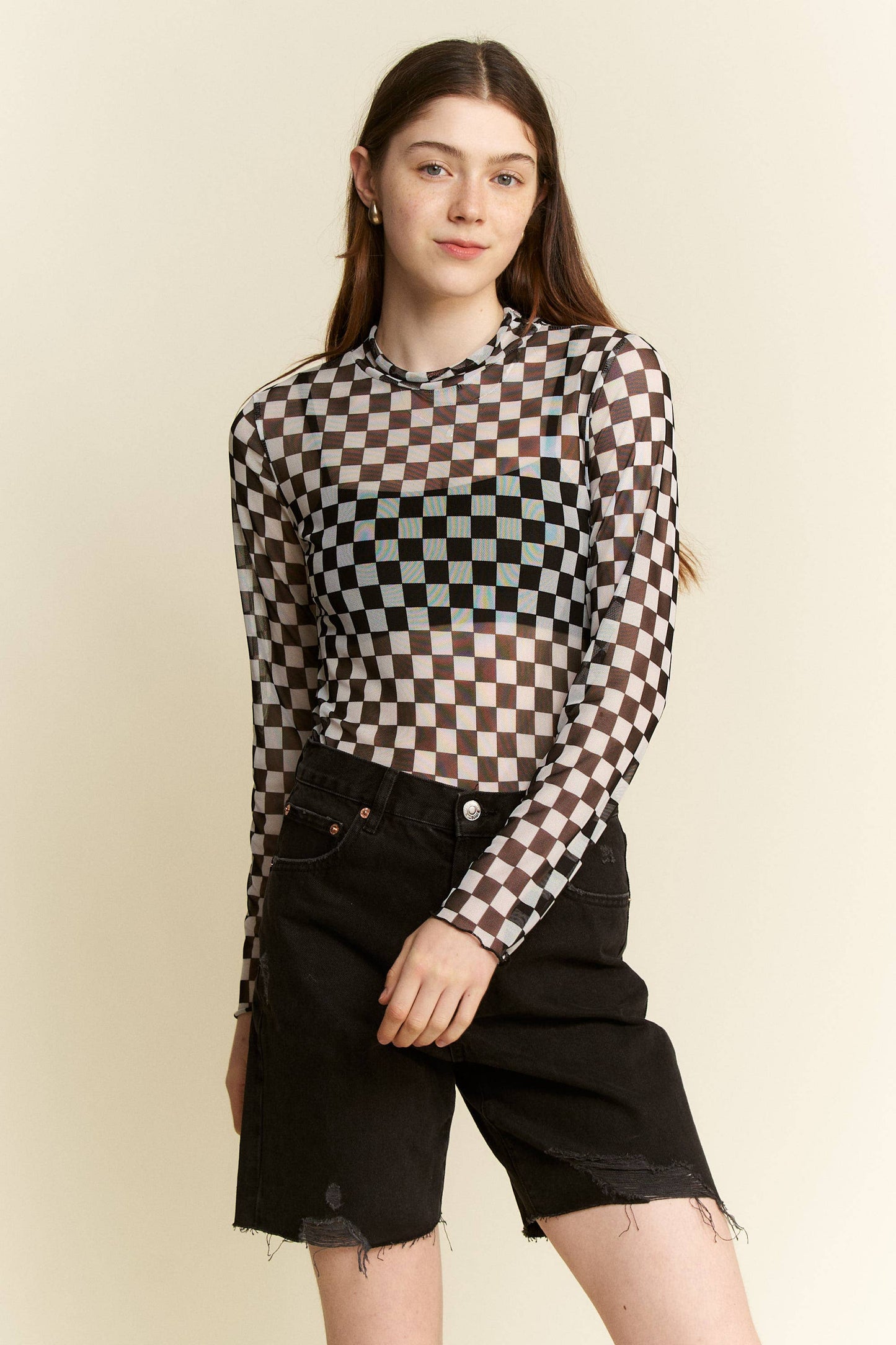 CHECKERED MESH MOCK NECK TOP