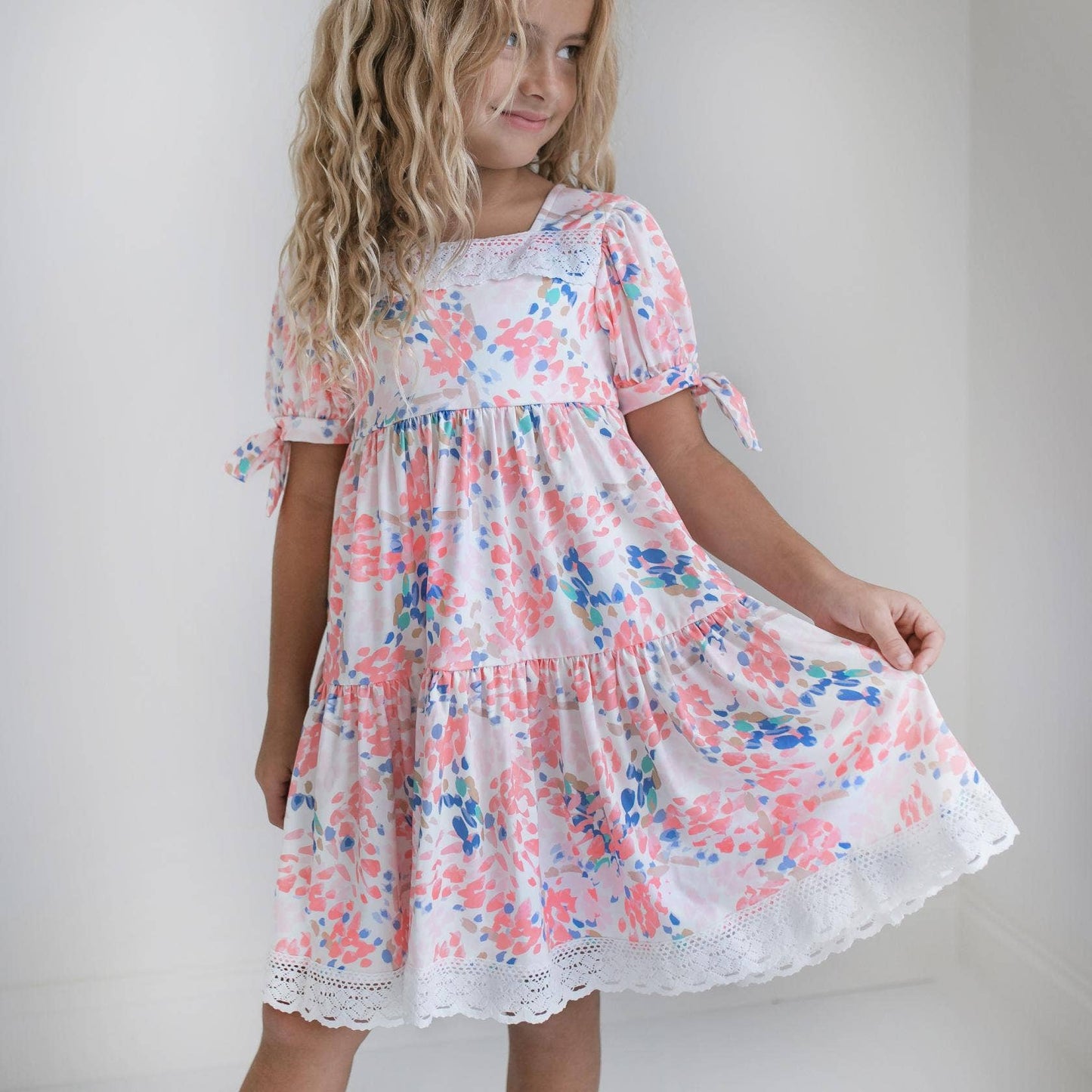 Kids Pink & Blue Lace Tiered Square Neck Spring Summer Dress: 3/4