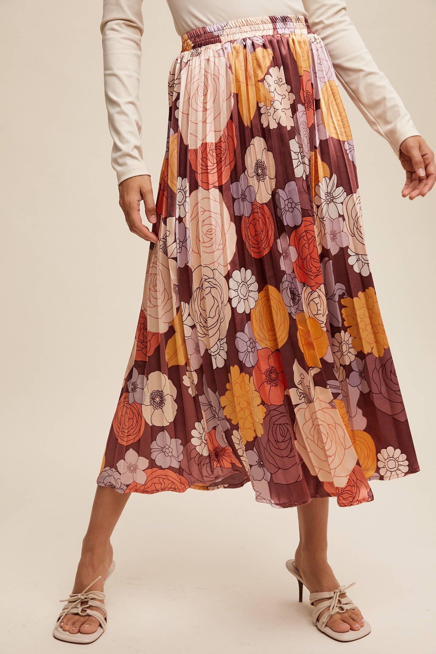 Bold Floral Pleated Midi Skirt