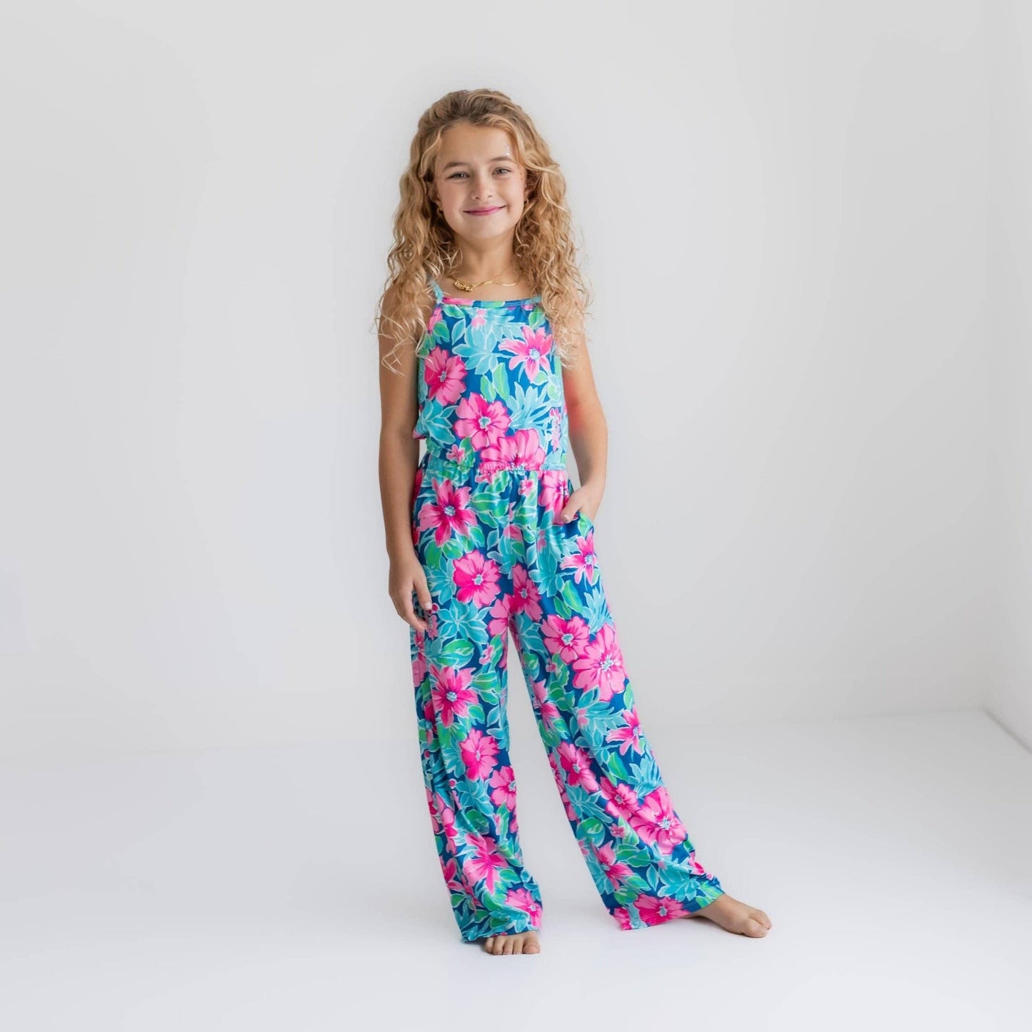 Kids Bright PinkTropical Summer Jumpsuit With Pockets