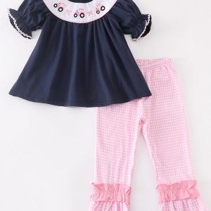 Navy tractor embroidery plaid girl pant set