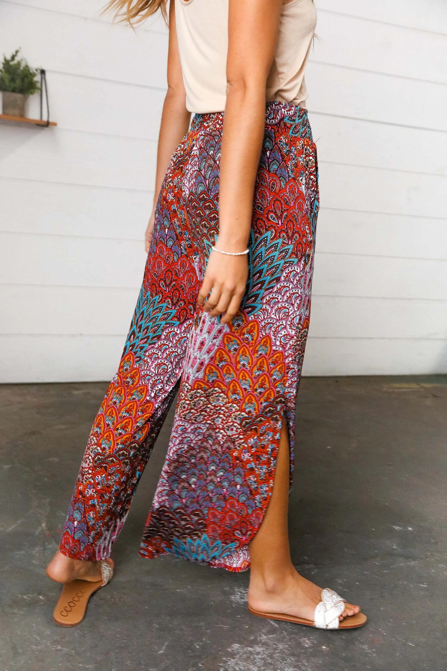 Burnt Orange Geo Print Smocked Waist Slit Palazzo Pants